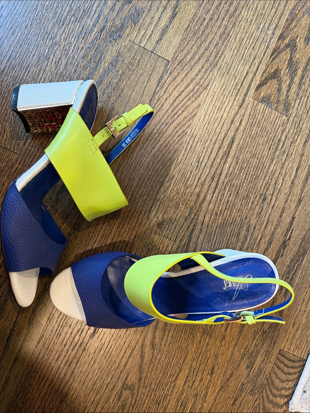 Color-Block Slingback Heels in Blue and Neon Yellow by Enzo